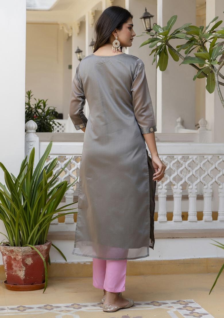 Grey Embroidery Silk Kurta - Indya