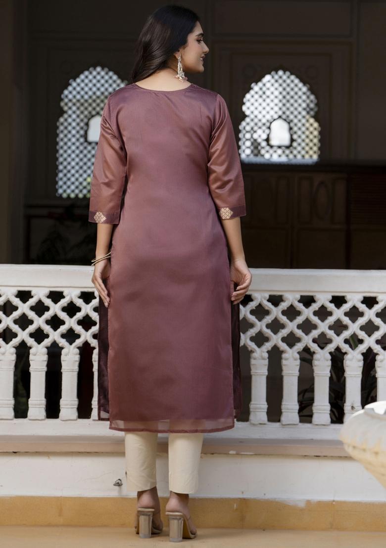 Purple Embroidery Silk Kurta - Indya
