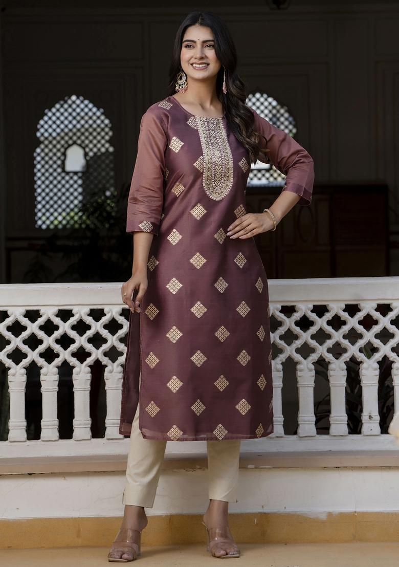 Purple Embroidery Silk Kurta - Indya