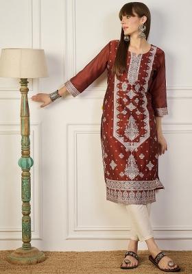 Orange Embroidery Cotton Kurta