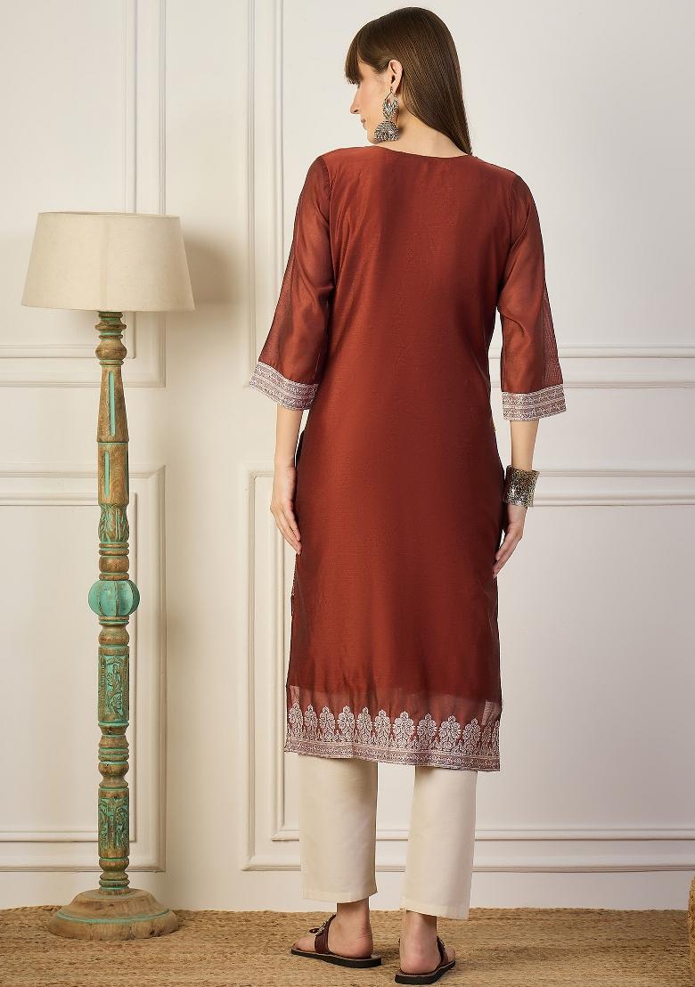 Orange Embroidery Cotton Kurta - Indya
