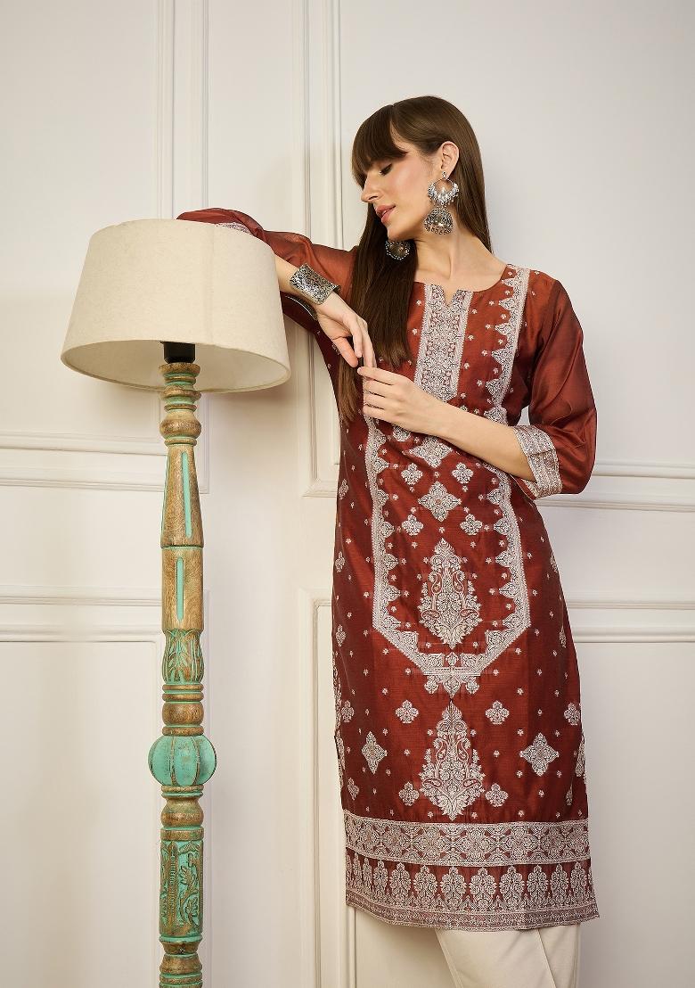 Orange Embroidery Cotton Kurta - Indya