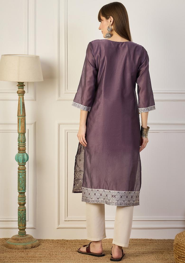 Purple Embroidery Cotton Kurta - Indya