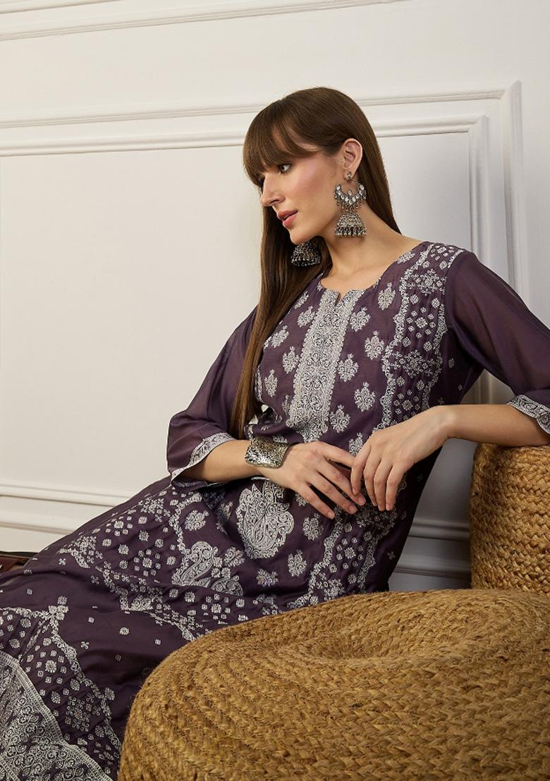 Purple Embroidery Cotton Kurta - Indya