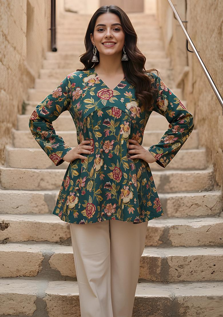 Green Printed Cotton Tunic - Indya
