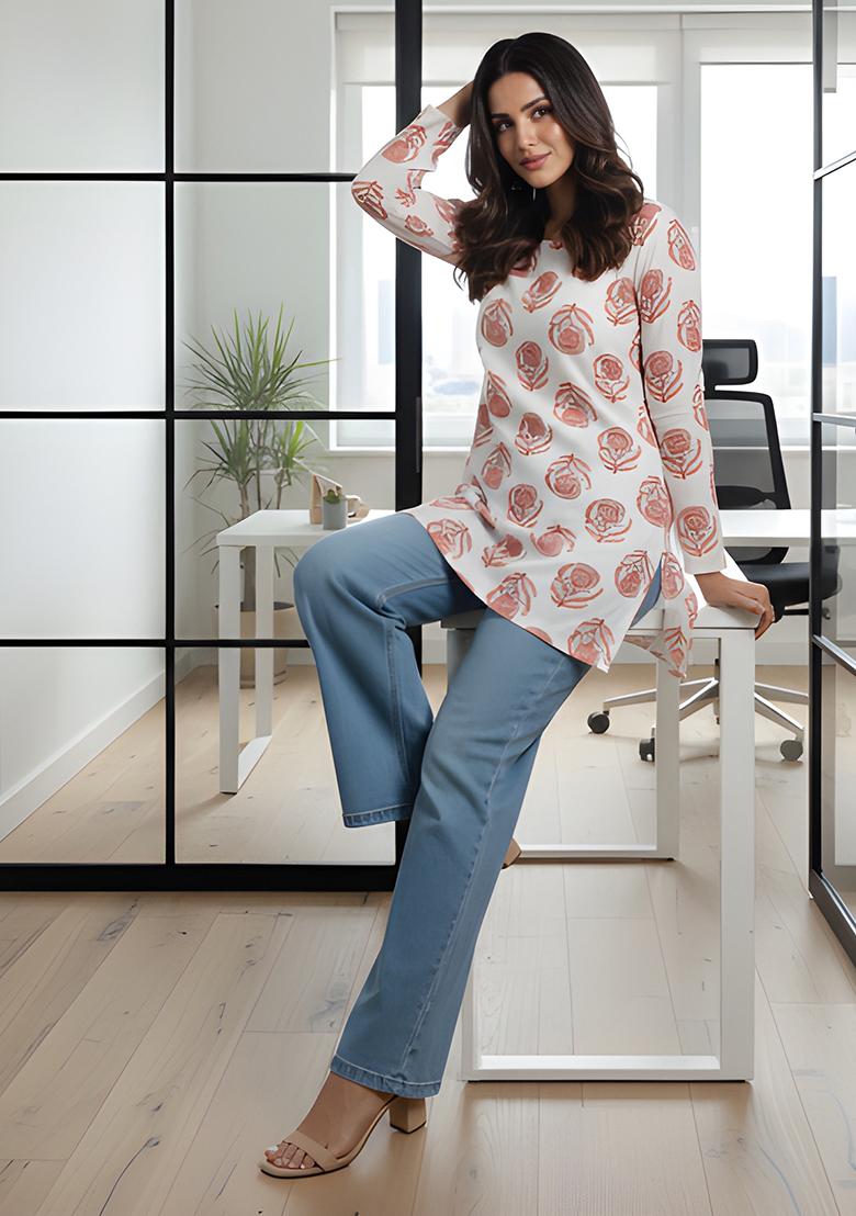 White Printed Rayon Tunic - Indya