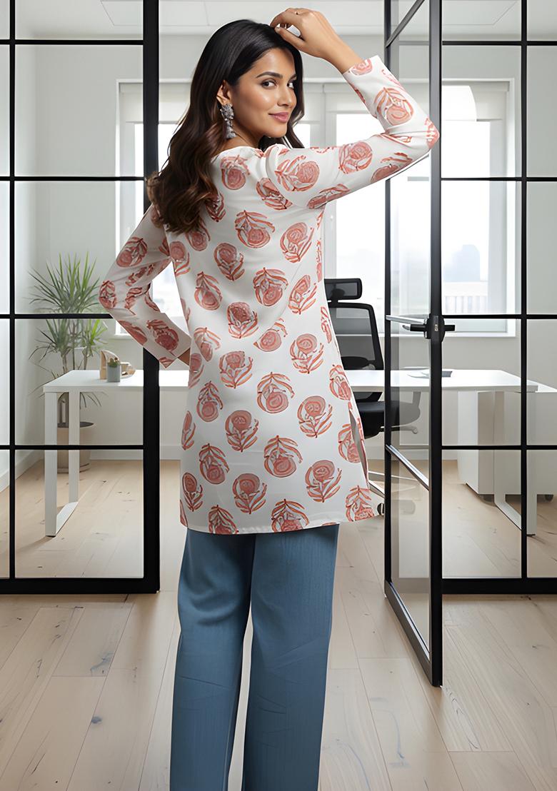 White Printed Rayon Tunic - Indya