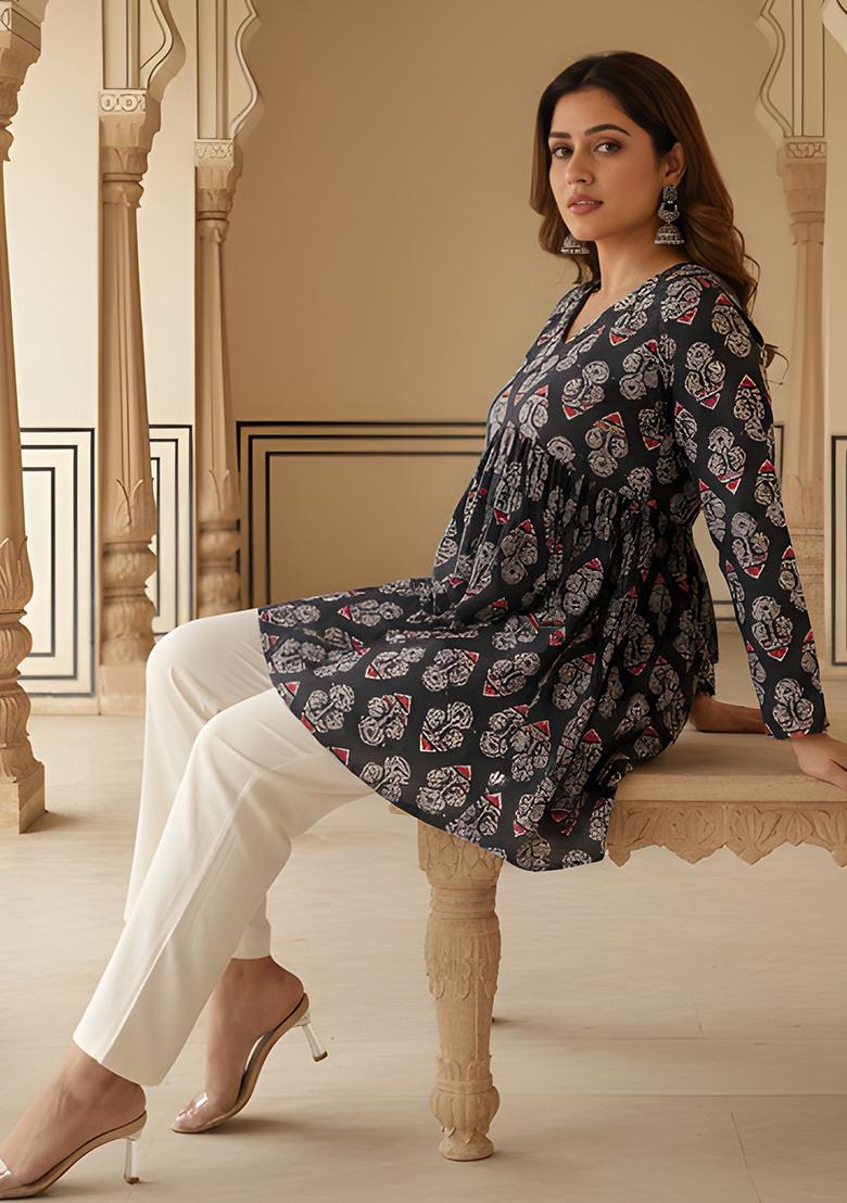 Black Printed Rayon Tunic - Indya