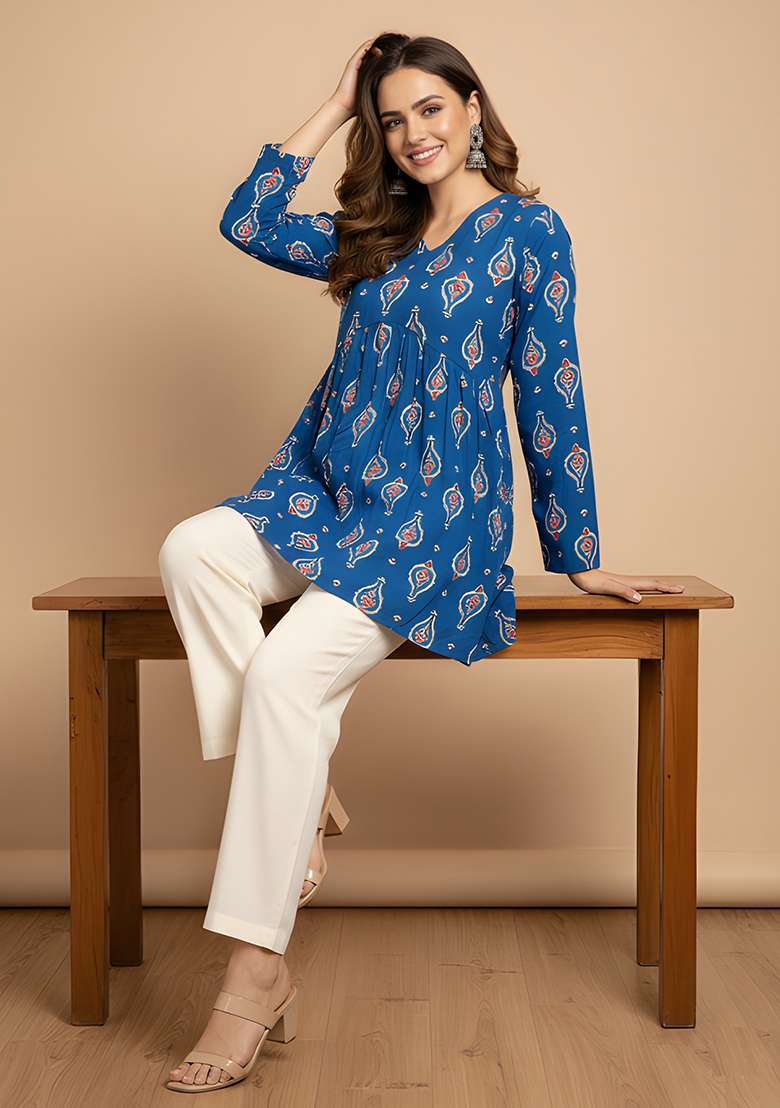 Blue Printed Cotton Tunic - Indya