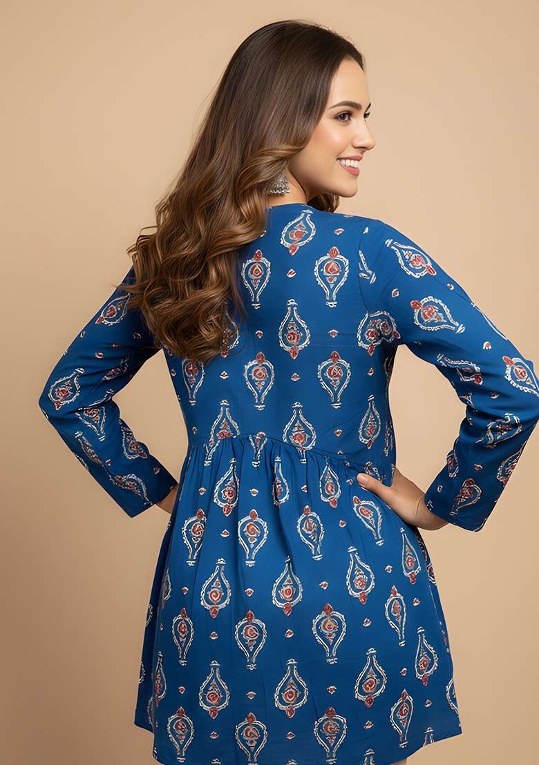 Blue Printed Cotton Tunic - Indya