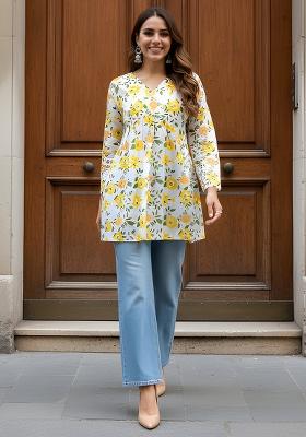 White And Yellow Printed Cotton Tunic