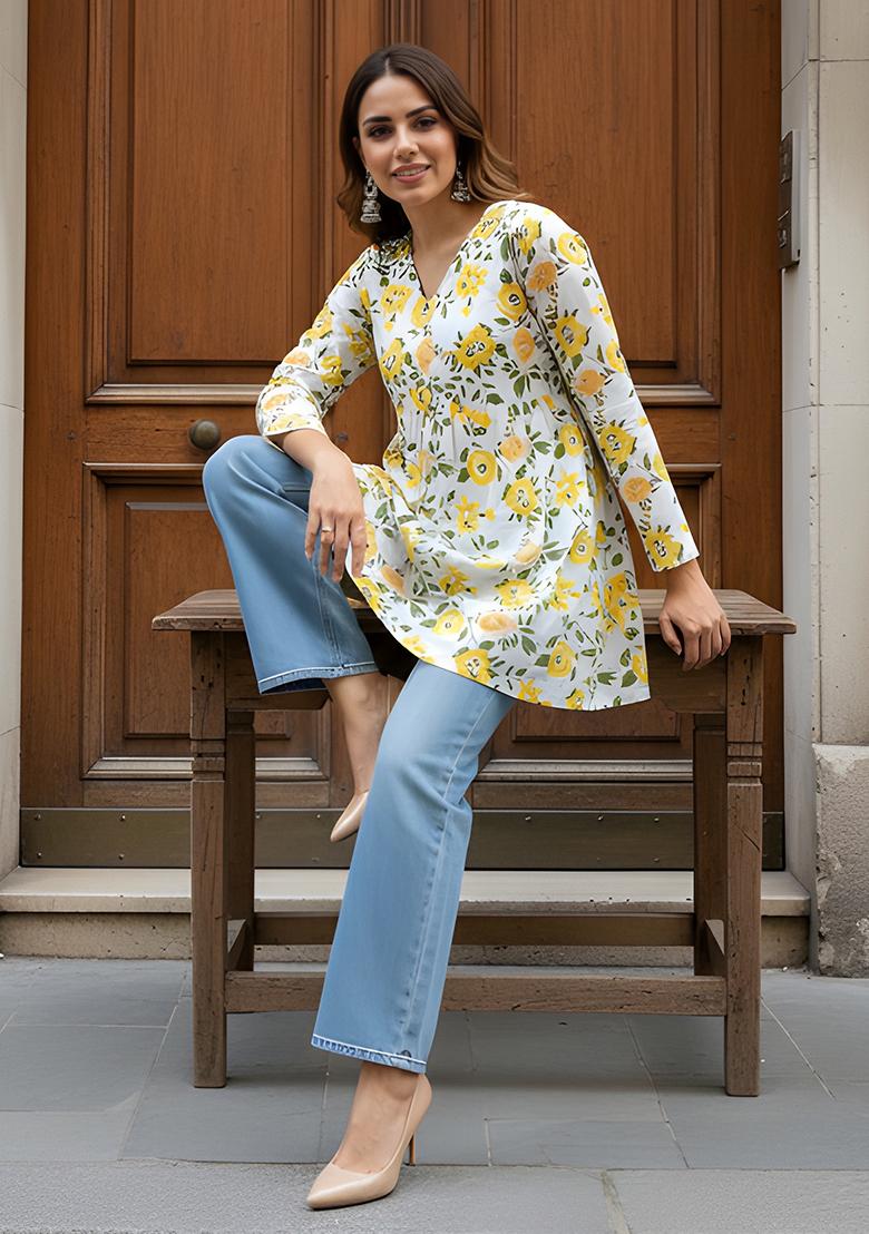 White And Yellow Printed Cotton Tunic - Indya