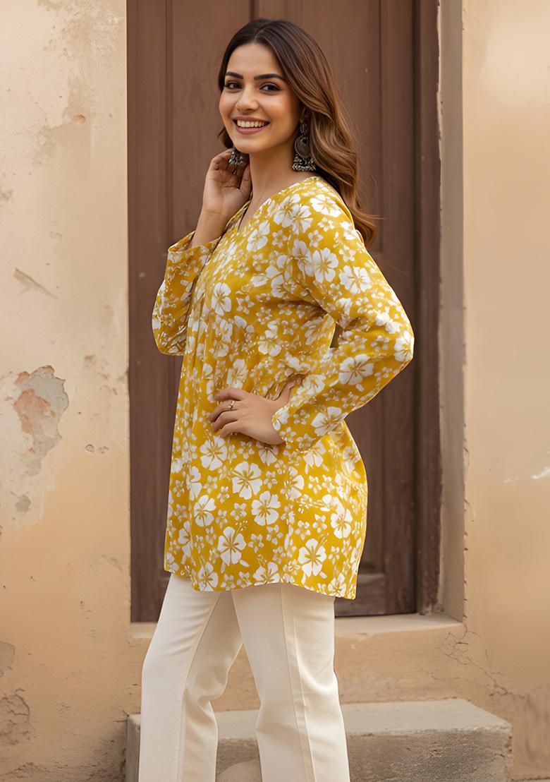 Mustard Yellow Printed Cotton Tunic - Indya