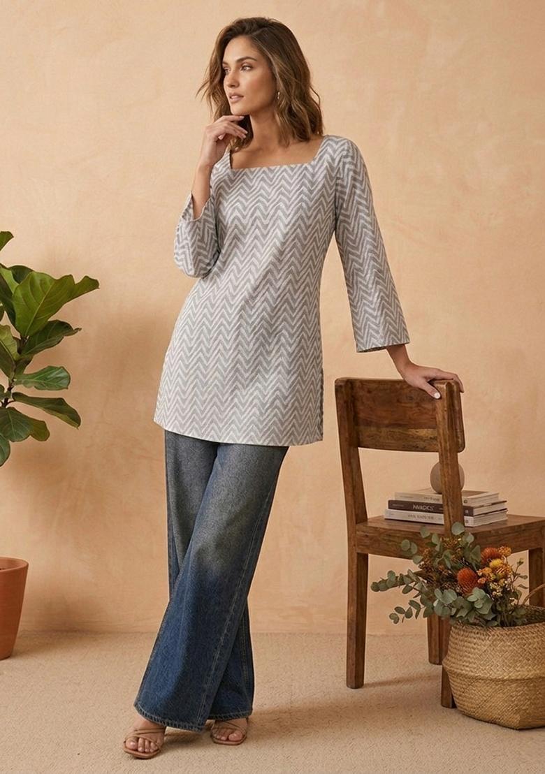 Grey Printed Cotton Tunic - Indya