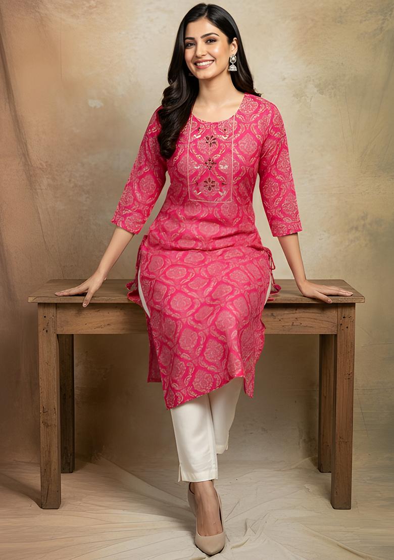 Rani Pink Printed Cotton Kurti - Indya