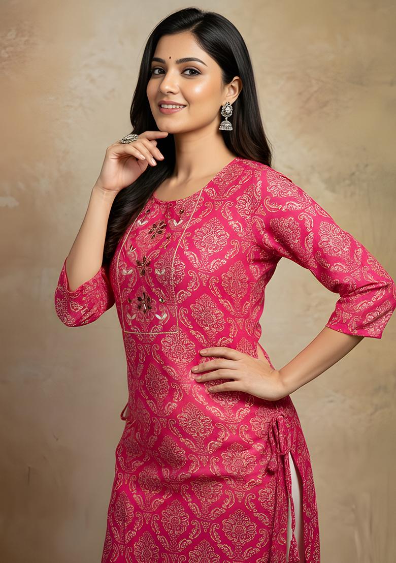Rani Pink Printed Cotton Kurti - Indya