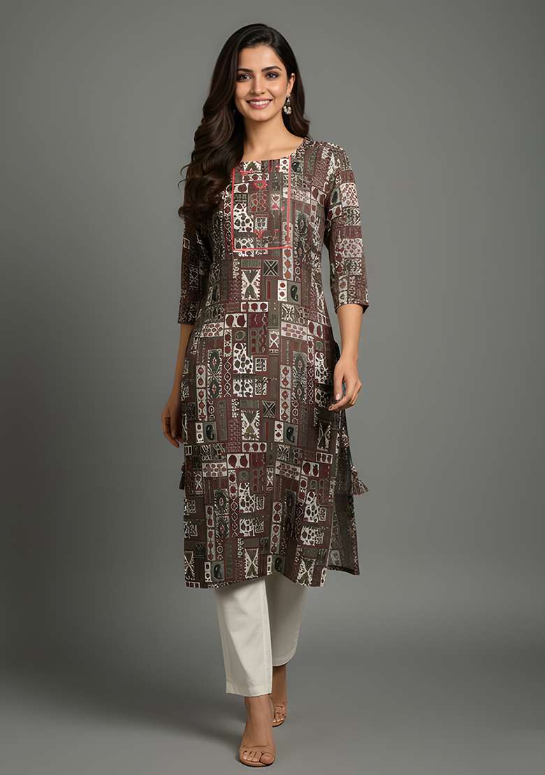 Brown Printed Cotton Kurti - Indya