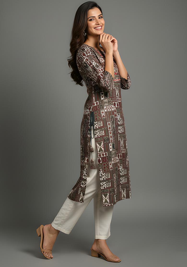 Brown Printed Cotton Kurti - Indya
