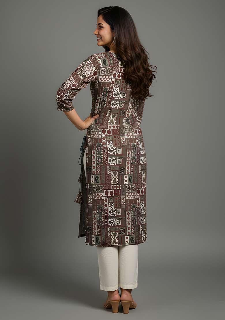 Brown Printed Cotton Kurti - Indya