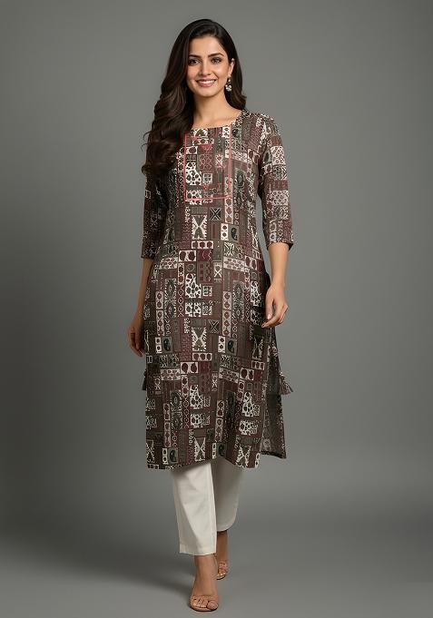 Brown Printed Cotton Kurti