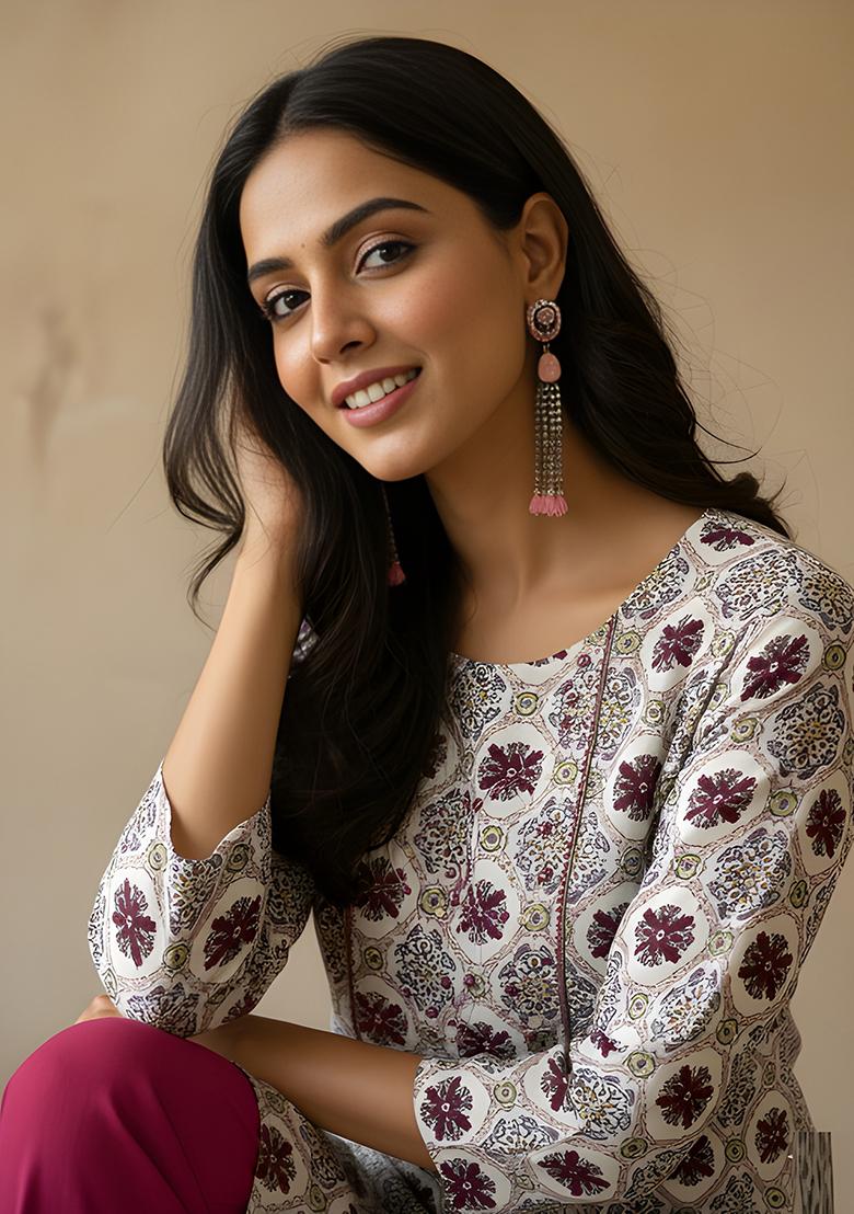 Pink Printed Cotton Kurti - Indya