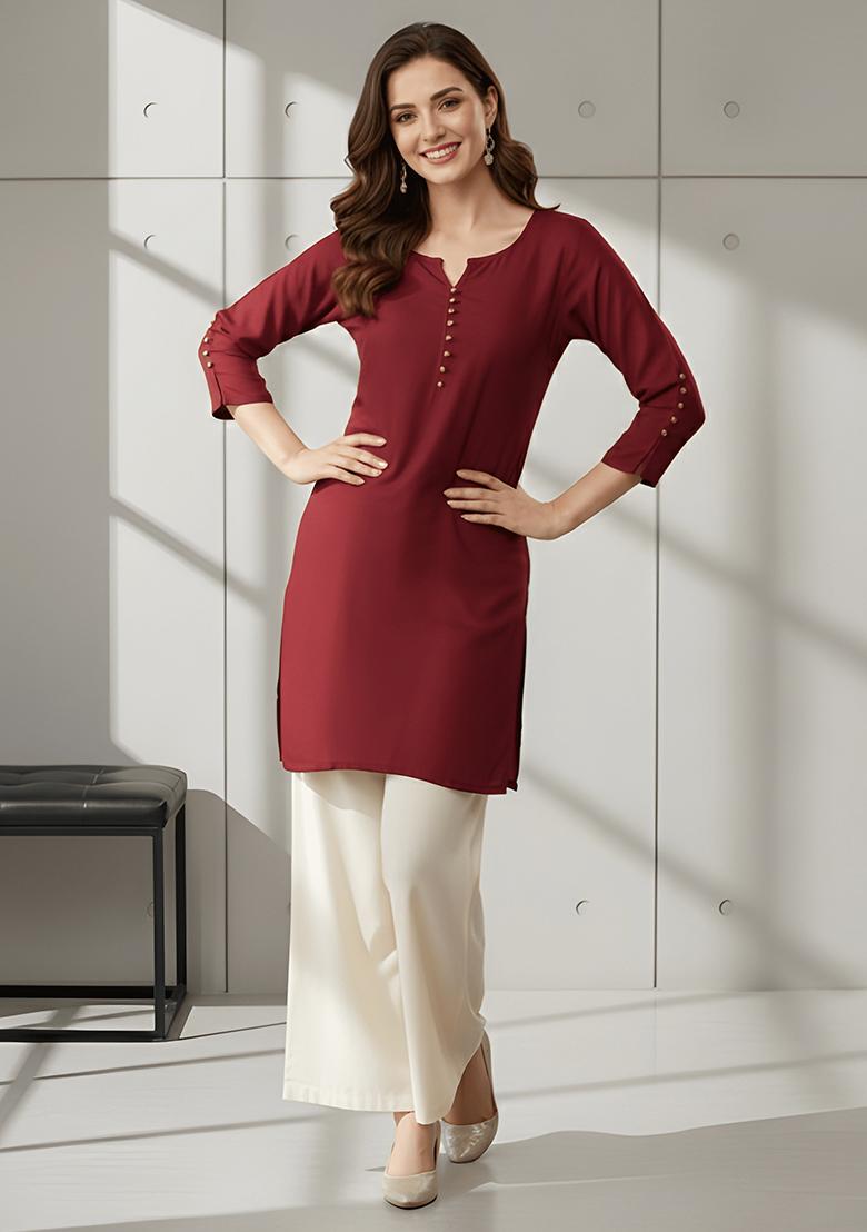 Maroon Solid Silk Kurti - Indya