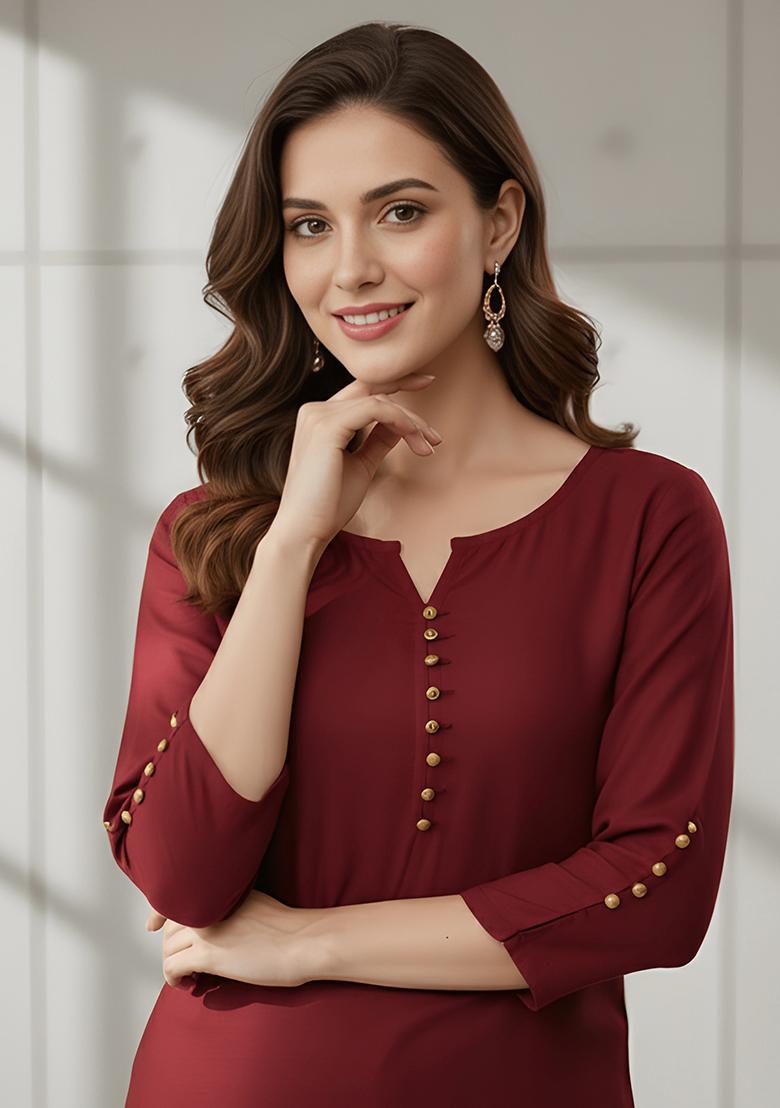 Maroon Solid Silk Kurti - Indya