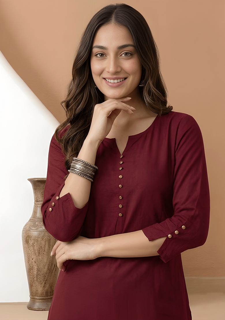 Maroon Solid Silk Kurti - Indya