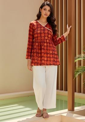 Red Orange Printed Silk Tunic