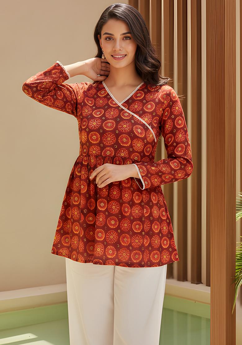 Red Orange Printed Silk Tunic - Indya