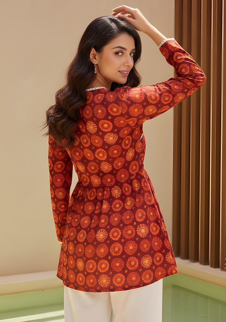 Red Orange Printed Silk Tunic - Indya