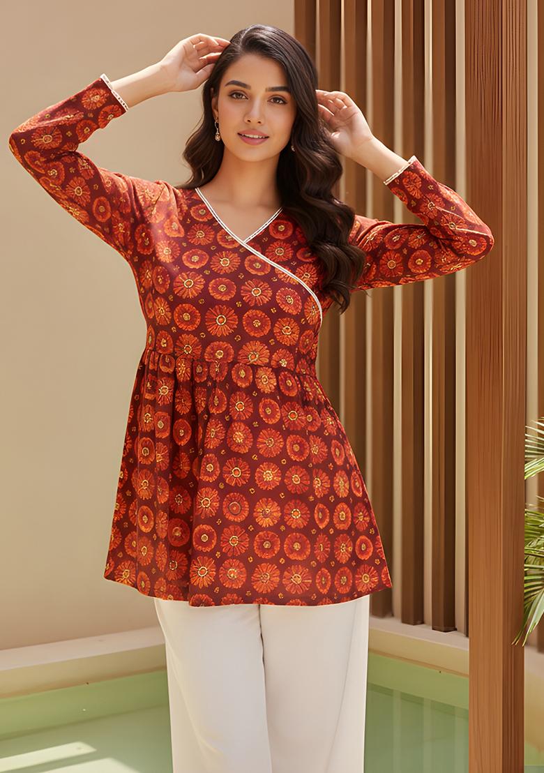 Red Orange Printed Silk Tunic - Indya