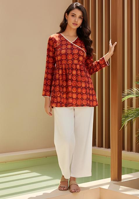 Red Orange Printed Silk Tunic