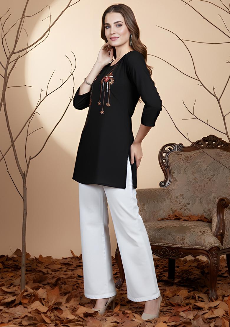 Black Embroidery Rayon Tunic - Indya