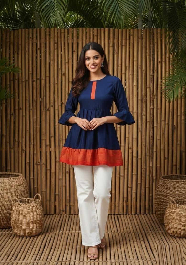 Blue Solid Silk Top - Indya