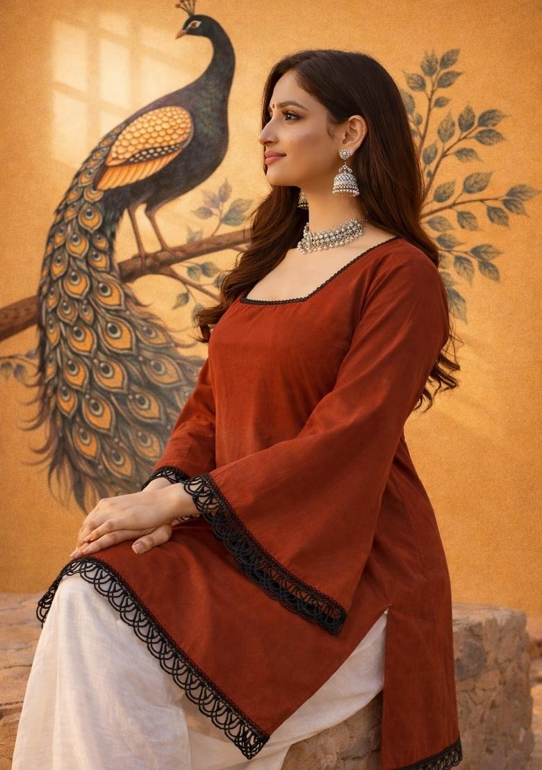 Rust Lace Work Silk Top - Indya