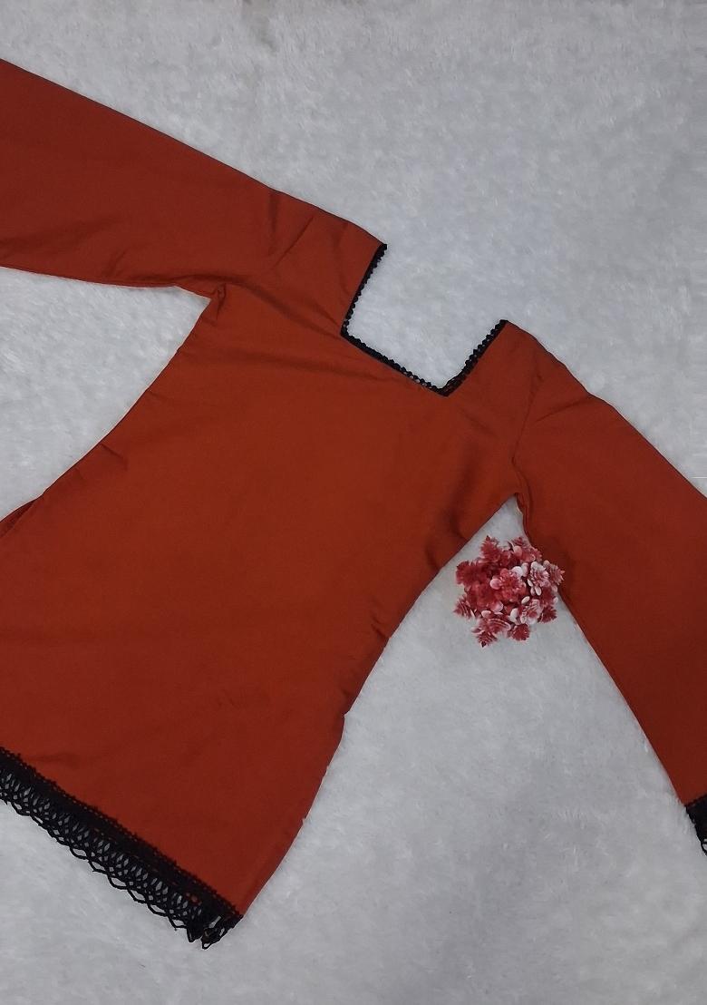 Rust Lace Work Silk Top - Indya