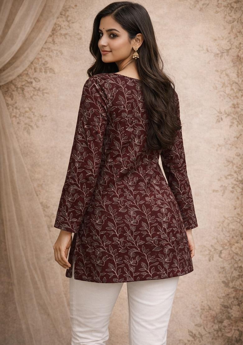 Maroon Printed Muslin Top - Indya
