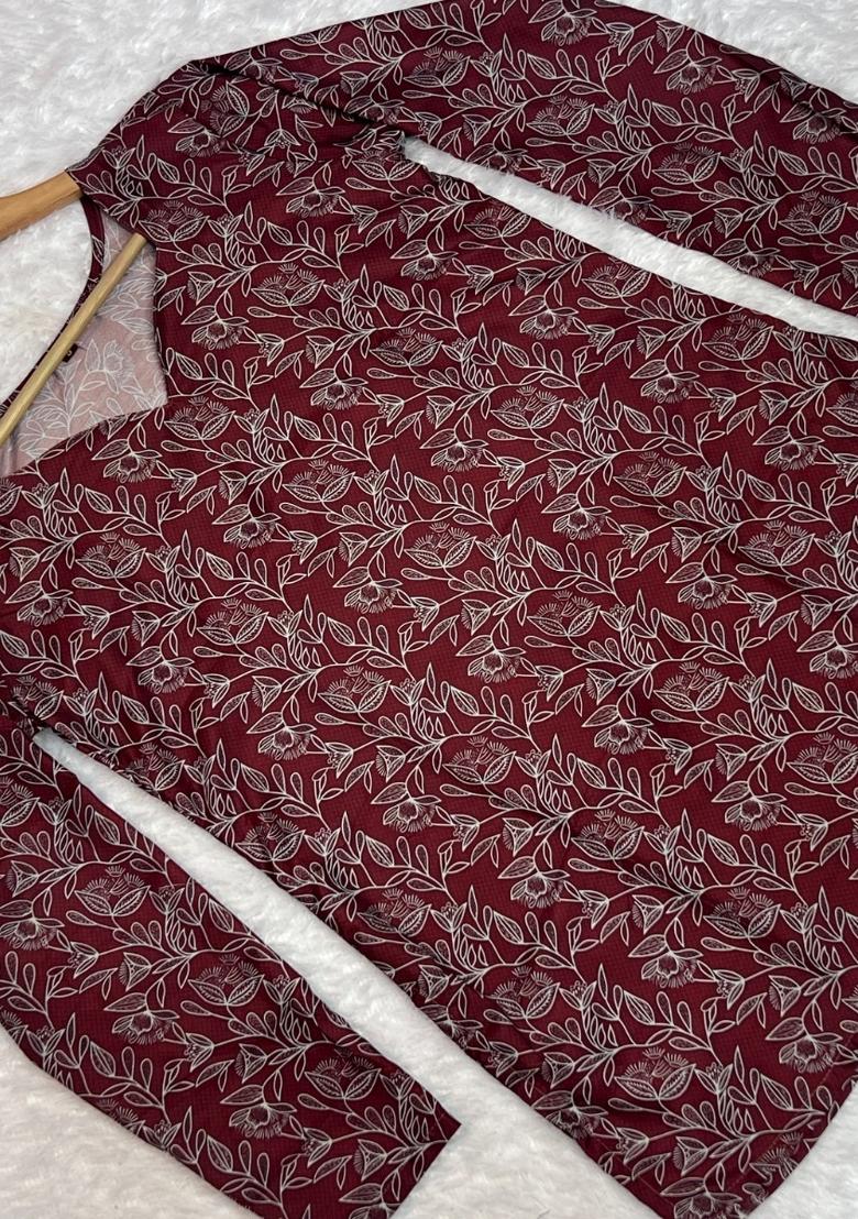 Maroon Printed Muslin Top - Indya