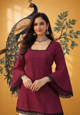 Wine Lace Work Silk Top