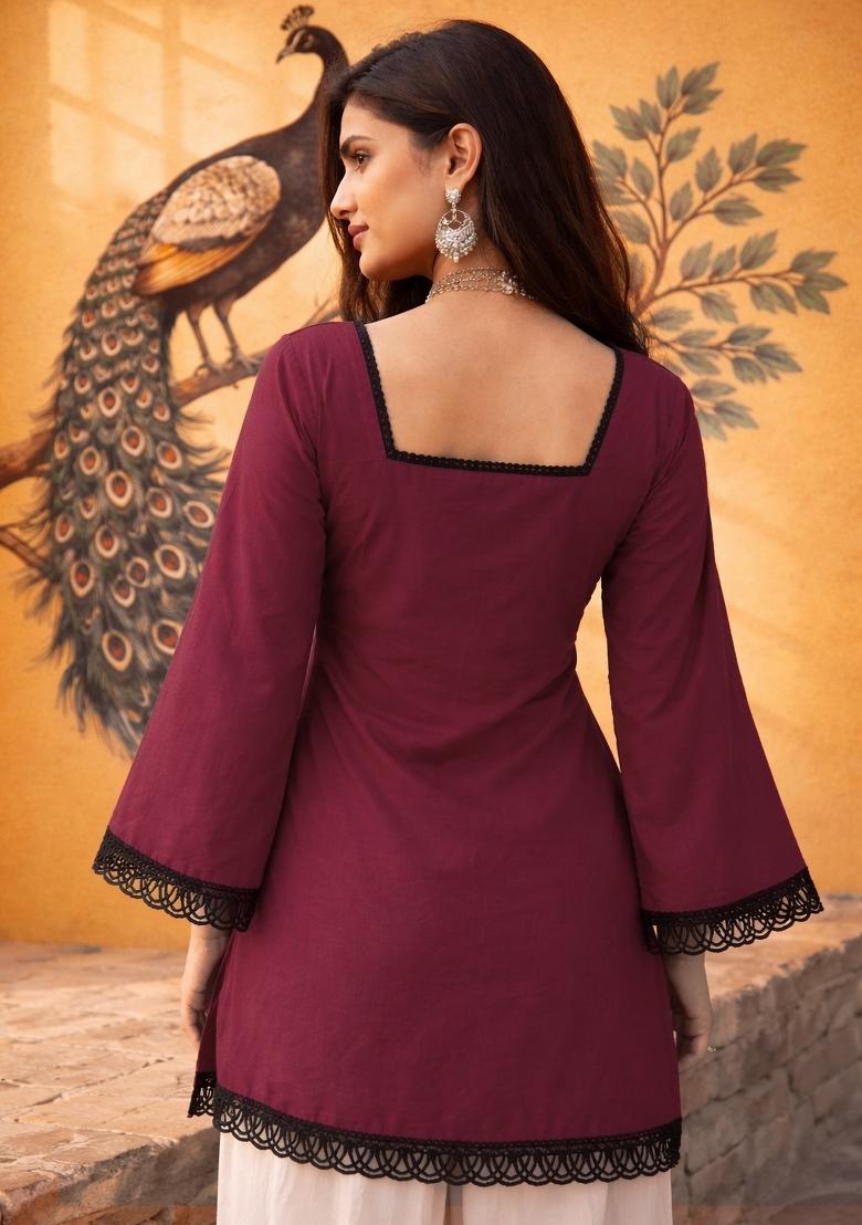 Wine Lace Work Silk Top - Indya