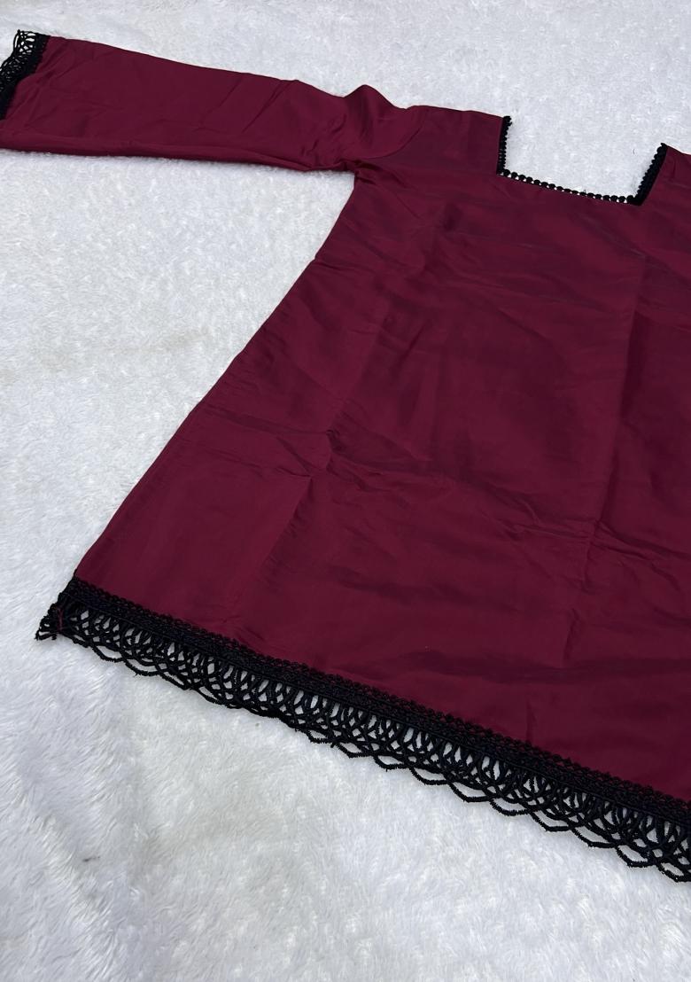Wine Lace Work Silk Top - Indya