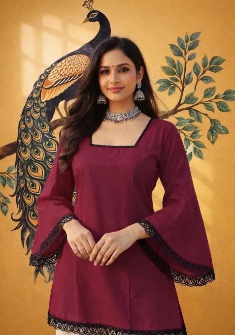 Wine Lace Work Silk Top