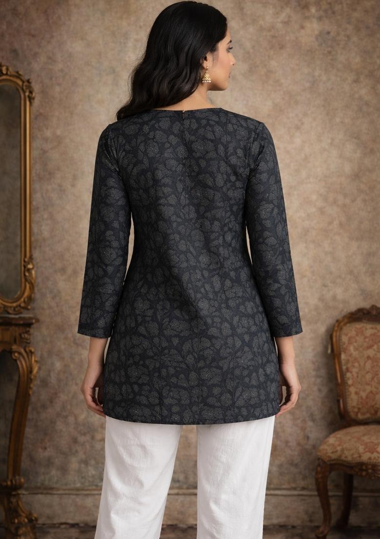 Black Printed Muslin Top - Indya