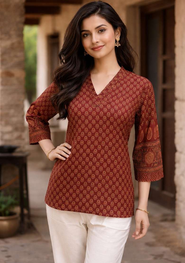 Maroon Printed Cotton Top - Indya
