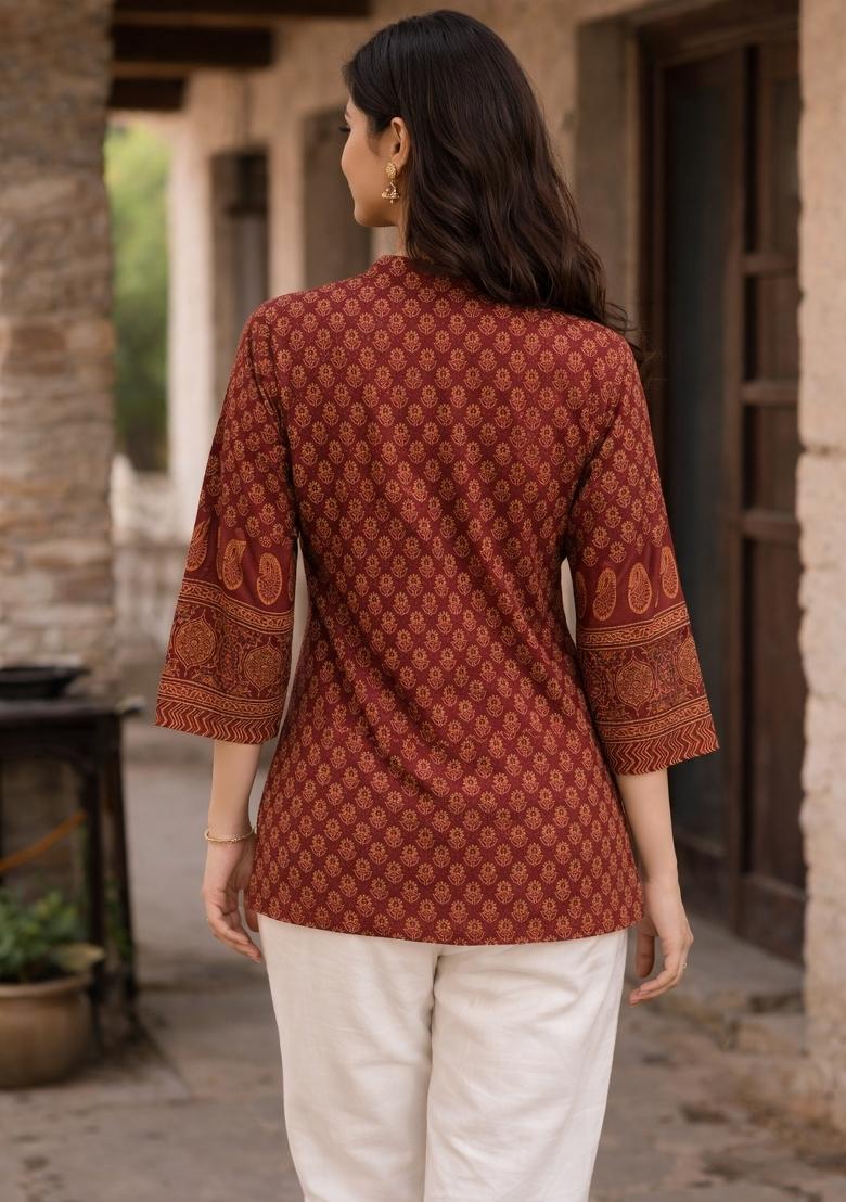 Maroon Printed Cotton Top - Indya