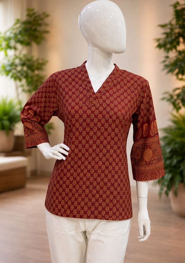 Maroon Printed Cotton Top - Indya