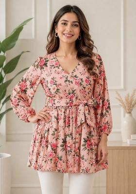 Peach Floral Print Rayon Kurti