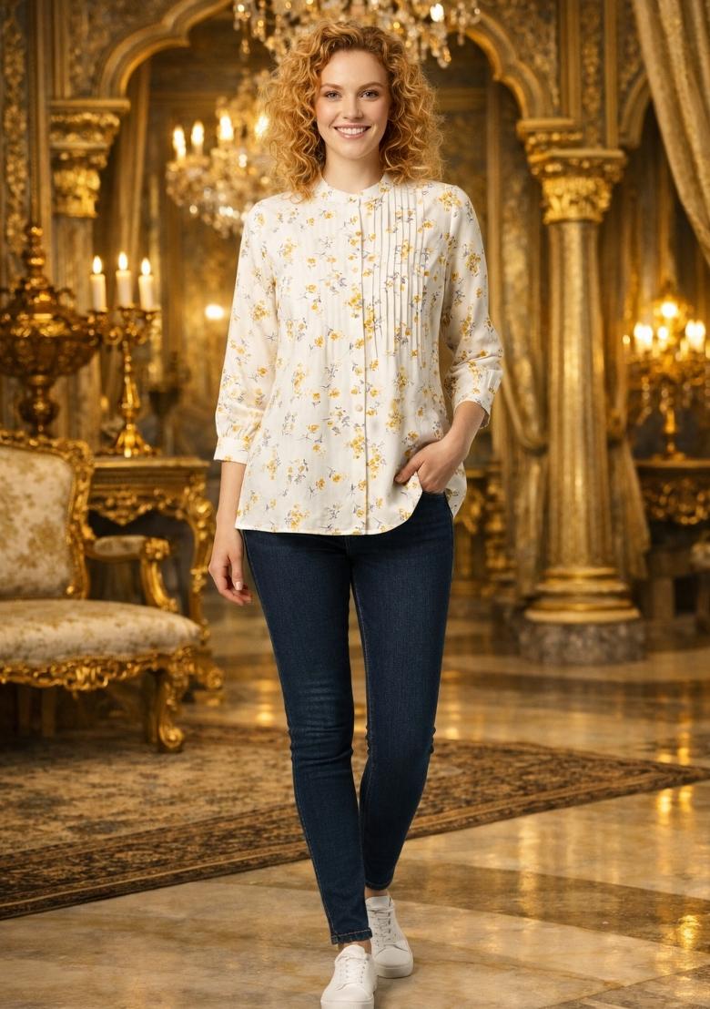 Off White Printed Cotton Kurti - Indya