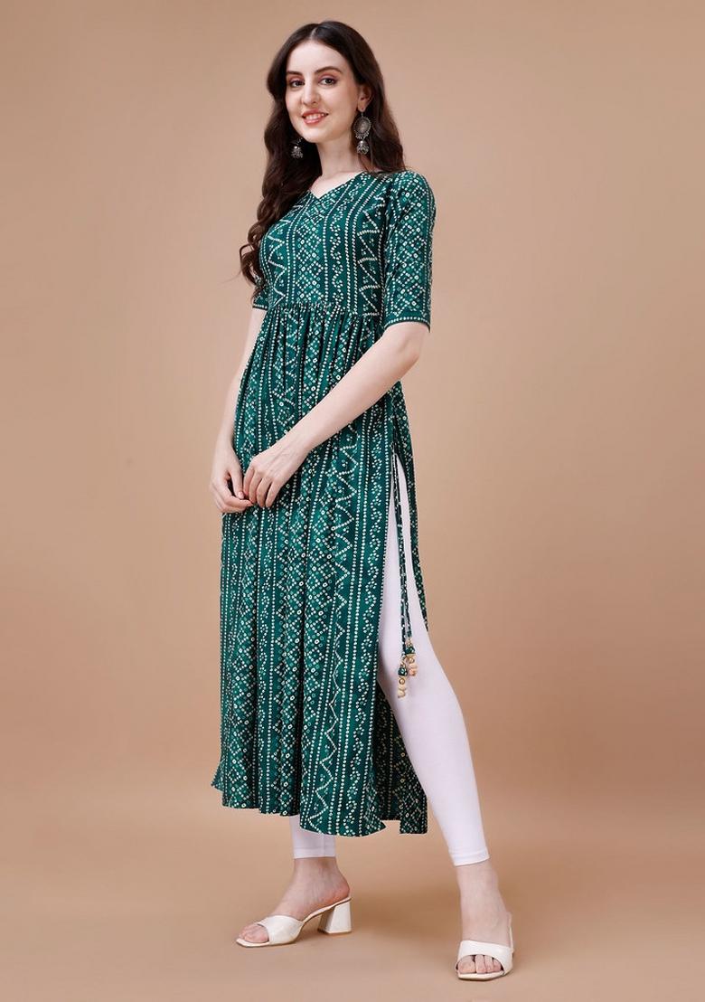 Green Printed Rayon Kurti - Indya
